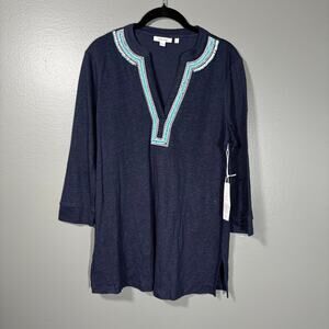 Chico's NWT Women's Blue 100% Linen Boho Beaded Top - Size 1 (Medium) - Resort